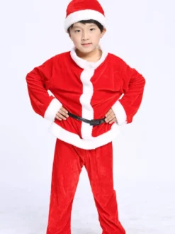 Ensemble De Costumes De Père Noël Cosplay Unisexe En Fibre De Polyester Rouge Bloc De Couleur Costumes Cadeaux Noël
