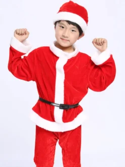 Ensemble De Costumes De Père Noël Cosplay Unisexe En Fibre De Polyester Rouge Bloc De Couleur Costumes Cadeaux Noël