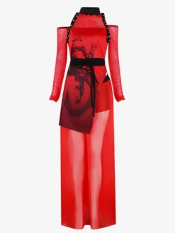Ensemble de danse jazz imprimé style chinois pour femme haut et jupe rouges