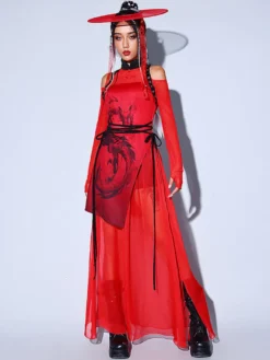 Ensemble de danse jazz imprimé style chinois pour femme haut et jupe rouges