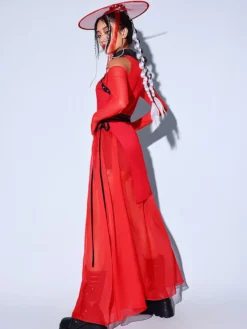 Ensemble de danse jazz imprimé style chinois pour femme haut et jupe rouges