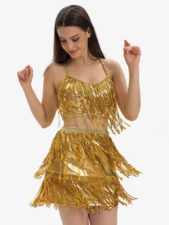 Ensemble De Danse Latine À Paillettes Dorées Franges Sexy Costume De Danse