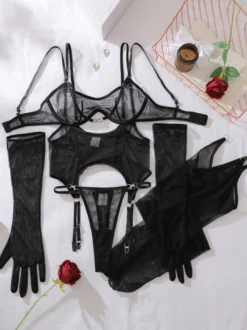 Ensemble de lingerie body en résille transparente noire et blanche avec longs gants et harnais ajouré