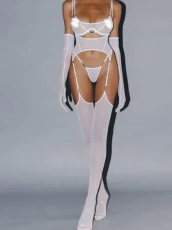 Ensemble de lingerie body en résille transparente noire et blanche avec longs gants et harnais ajouré