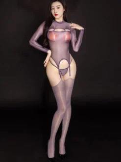 Ensemble de lingerie : body à manches longues en résille transparente brillante décolleté ajouré bas porte-jarretelles et collant transparent