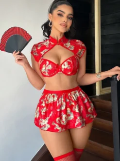 Ensemble de lingerie Cheongsam soutien-gorge à col montant mini-jupe pyjama