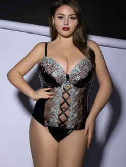 Ensemble de lingerie corset en dentelle et cuir verni grande taille résille transparente avec croisillons