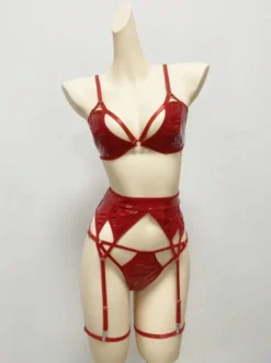 Ensemble de lingerie en cuir verni brillant comprenant un soutien-gorge ajouré un string à bretelles et des jarretières.