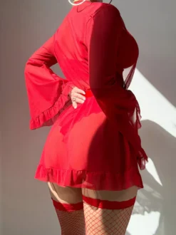 Ensemble de lingerie en dentelle rouge 4 pièces : robe à manches à volants soutien-gorge culotte taille haute nuisette