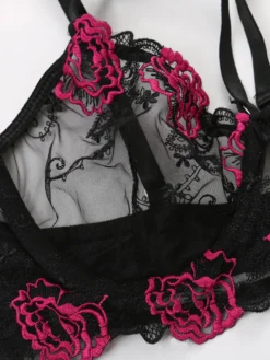 Ensemble de lingerie 2 pièces à imprimé floral soutien-gorge et culotte noirs transparents à lacets