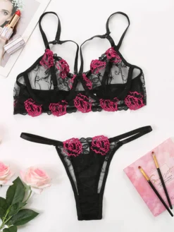 Ensemble de lingerie 2 pièces à imprimé floral soutien-gorge et culotte noirs transparents à lacets