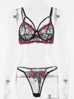 Ensemble de lingerie 2 pièces à imprimé floral soutien-gorge et culotte noirs transparents à lacets