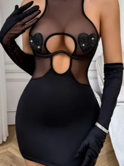 Ensemble de lingerie 3 pièces pour femme : chemise noire à lacets imprimé léopard dos nu