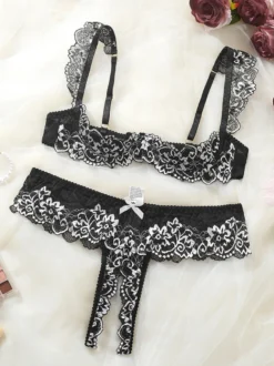 Ensemble de lingerie 2 pièces sans entrejambe et sans bonnets avec nœuds et soutien-gorge rouge