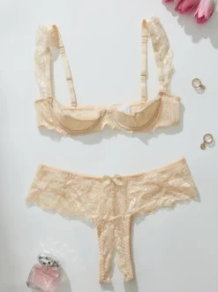 Ensemble de lingerie 2 pièces sans entrejambe et sans bonnets avec nœuds et soutien-gorge rouge