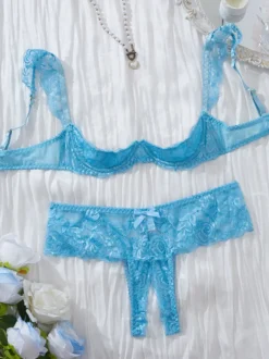 Ensemble de lingerie 2 pièces sans entrejambe et sans bonnets avec nœuds et soutien-gorge rouge