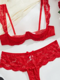 Ensemble de lingerie 2 pièces sans entrejambe et sans bonnets avec nœuds et soutien-gorge rouge
