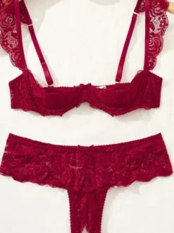 Ensemble de lingerie 2 pièces sans entrejambe et sans bonnets avec nœuds et soutien-gorge rouge