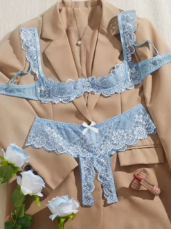 Ensemble de lingerie 2 pièces sans entrejambe et sans bonnets avec nœuds et soutien-gorge rouge
