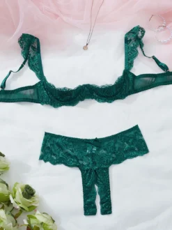 Ensemble de lingerie 2 pièces sans entrejambe et sans bonnets avec nœuds et soutien-gorge rouge