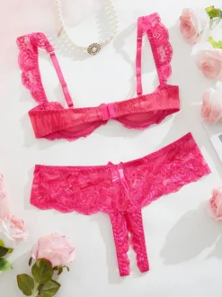 Ensemble de lingerie 2 pièces sans entrejambe et sans bonnets avec nœuds et soutien-gorge rouge