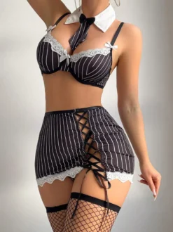 Ensemble de lingerie rayée à lacets pour secrétaire de bureau