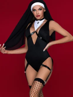 Ensemble de lingerie sexy en body noir de nonne séduisante pour rave club