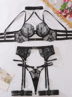 Ensemble de lingerie sexy 3 pièces soutien-gorge et culotte pour adulte noir