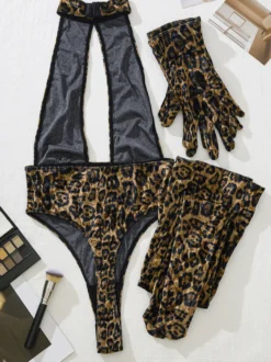 Ensemble de lingerie sexy 3 pièces pour femme imprimé léopard marron café