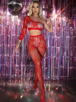 Ensemble De Lingerie Sexy Transparent Rouge Avec Haut En Résille Bas