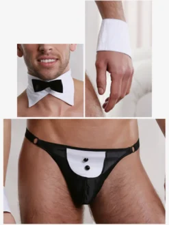 Ensemble de lingerie smoking pour homme : nœud papillon manchettes string slip. Sous-vêtements fantaisie.