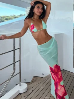 Ensemble de maillot de bain 3 pièces à imprimé floral pour femme - Bikini triangle dos nu avec jupe longue paréo - Collection été 2026