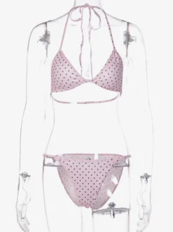 Ensemble de maillot de bain 3 pièces à pois roses pour femme - Micro bikini triangle avec jupe fendue sur le côté et paréo - Été 2026