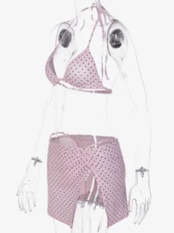 Ensemble de maillot de bain 3 pièces à pois roses pour femme - Micro bikini triangle avec jupe fendue sur le côté et paréo - Été 2026