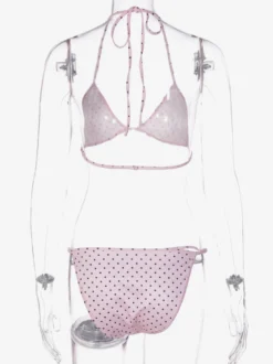 Ensemble de maillot de bain 3 pièces à pois roses pour femme - Micro bikini triangle avec jupe fendue sur le côté et paréo - Été 2026