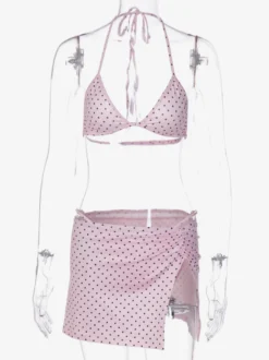 Ensemble de maillot de bain 3 pièces à pois roses pour femme - Micro bikini triangle avec jupe fendue sur le côté et paréo - Été 2026