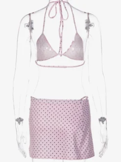 Ensemble de maillot de bain 3 pièces à pois roses pour femme - Micro bikini triangle avec jupe fendue sur le côté et paréo - Été 2026
