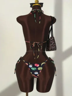 Ensemble de maillot de bain 3 pièces à imprimé fruits pour femme - Bikini triangle dos nu avec pantalon large paréo - Collection été 2026
