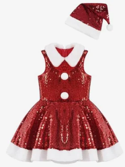 Ensemble de Noël pour fille robe chapeau rouge costumes de vacances de Noël en polyester