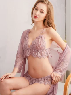 Ensemble de 3 pièces soutien-gorge culotte peignoir pyjama vêtements de nuit ceinture rouge lingerie d'intérieur