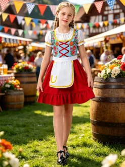 Ensemble de robe rouge style européen pour fille idéal pour l'Oktoberfest et les fêtes.
