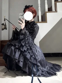 Ensemble de robes gothiques lolita noires à lacets manches longues et volants