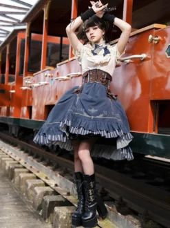 Ensemble de robes Lolita gothiques bleu marine foncé à volants et manches courtes