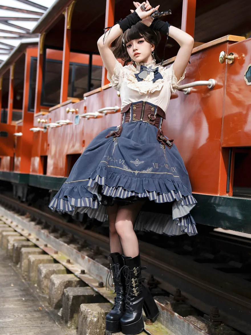 Ensemble de robes Lolita gothiques bleu marine foncé à volants et manches courtes