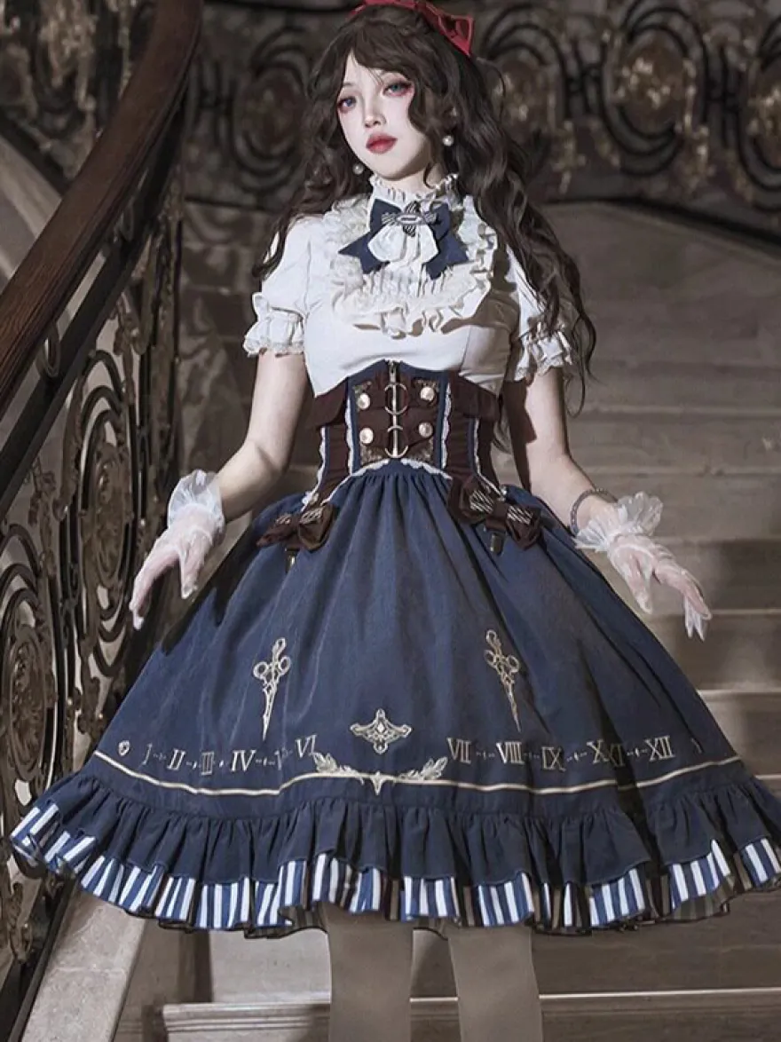 Ensemble de robes Lolita gothiques bleu marine foncé à volants et manches courtes