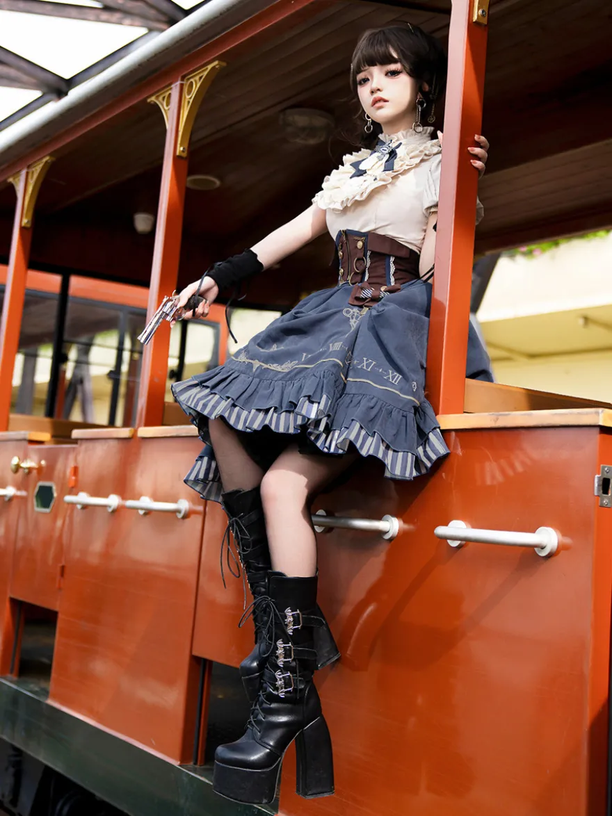 Ensemble de robes Lolita gothiques bleu marine foncé à volants et manches courtes
