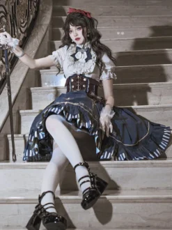 Ensemble de robes Lolita gothiques bleu marine foncé à volants et manches courtes