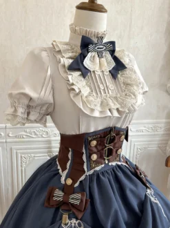 Ensemble de robes Lolita gothiques bleu marine foncé à volants et manches courtes