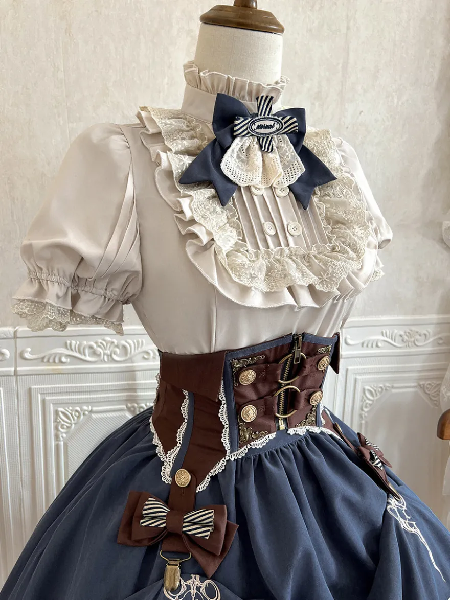 Ensemble de robes Lolita gothiques bleu marine foncé à volants et manches courtes