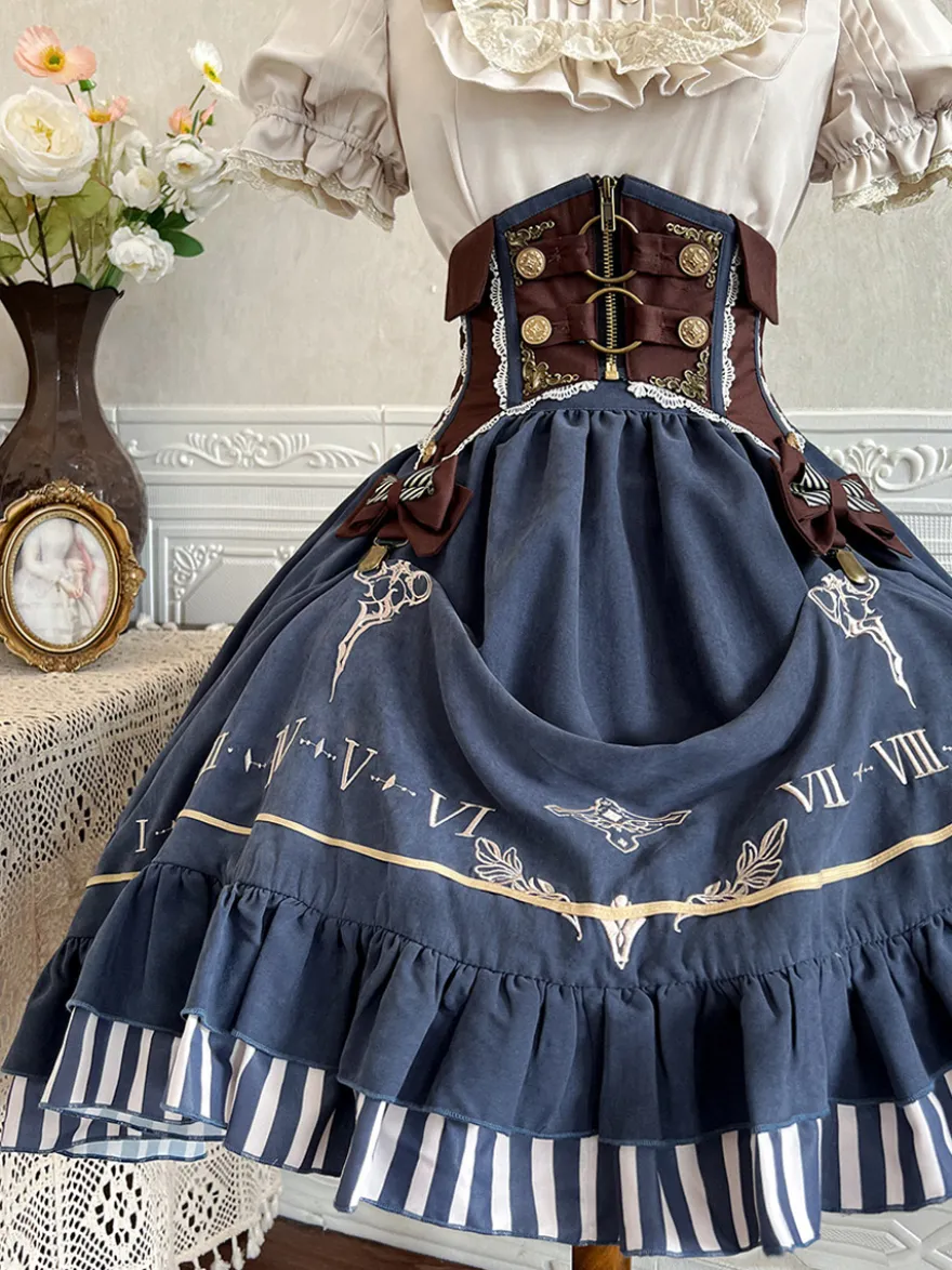 Ensemble de robes Lolita gothiques bleu marine foncé à volants et manches courtes